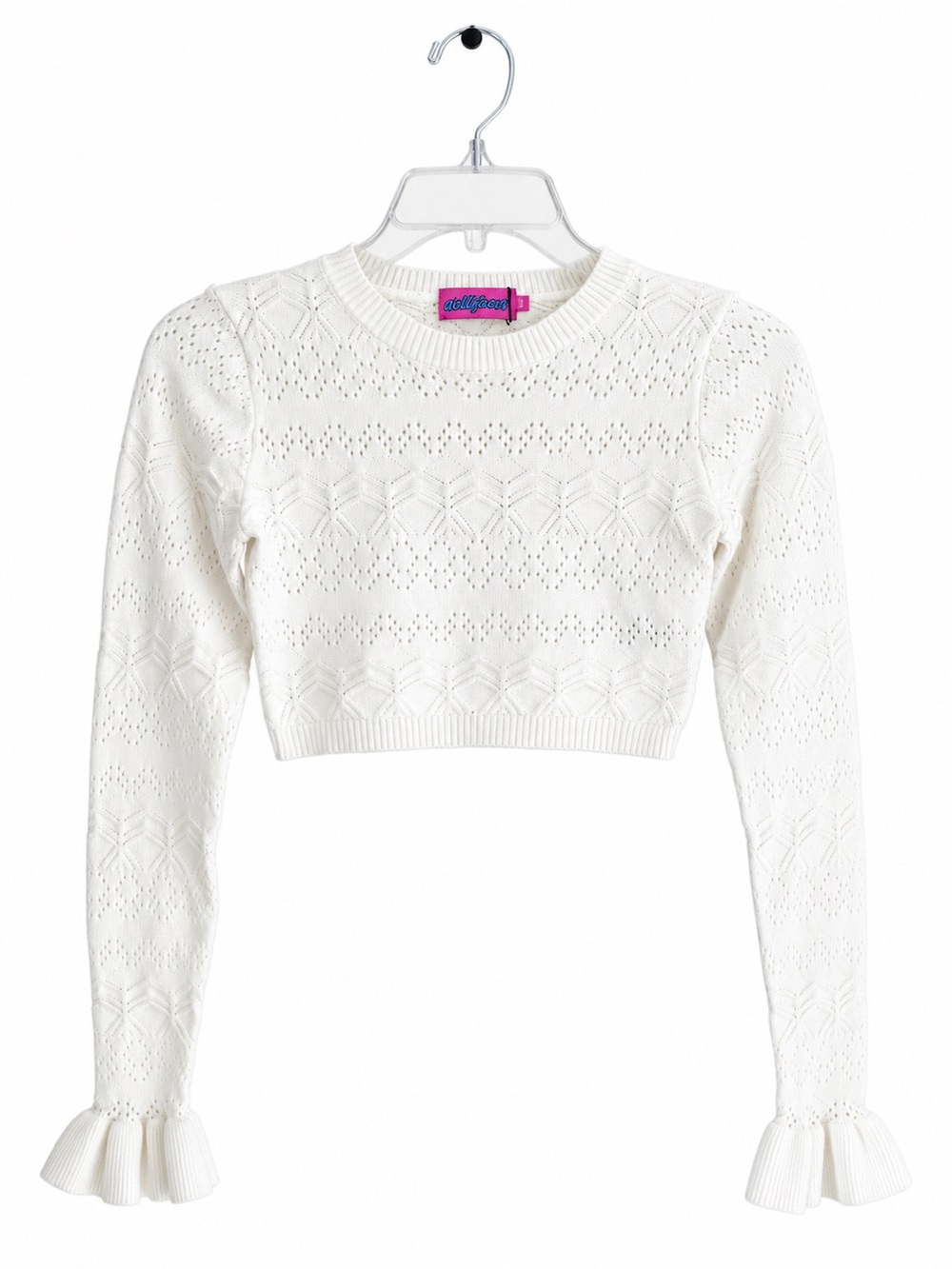 Edikted White Eyelet Knit Cropped Crewneck Sweater